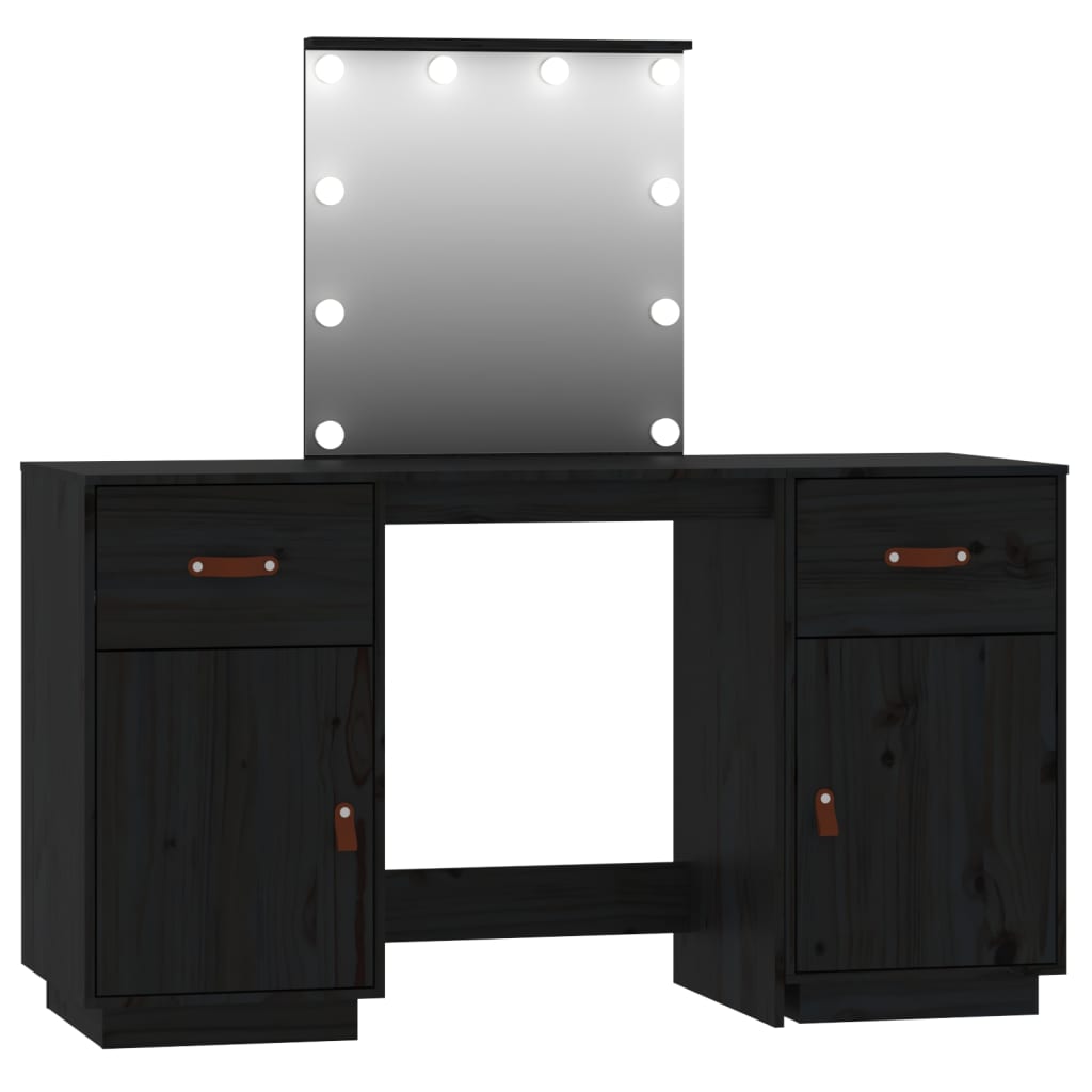 vidaXL Sminkbord med spegel LED svart massiv furu