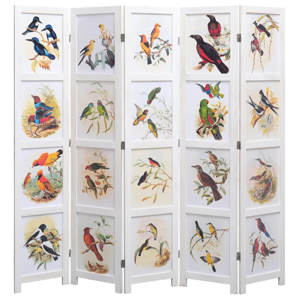 vidaXL Rumsavdelare 5 paneler vit 175x165 cm fåglar