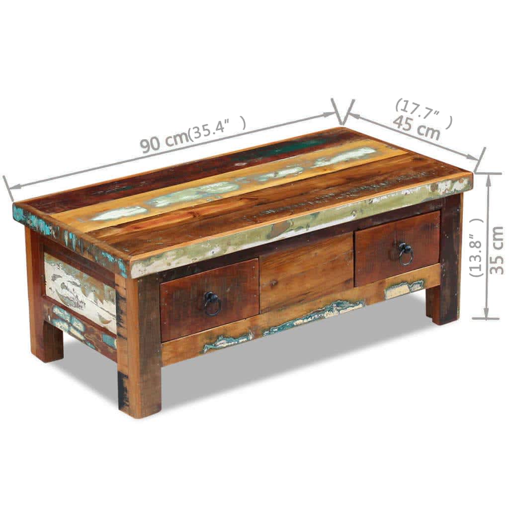 vidaXL Soffbord med lådor massivt återvunnet trä 90x45x35 cm