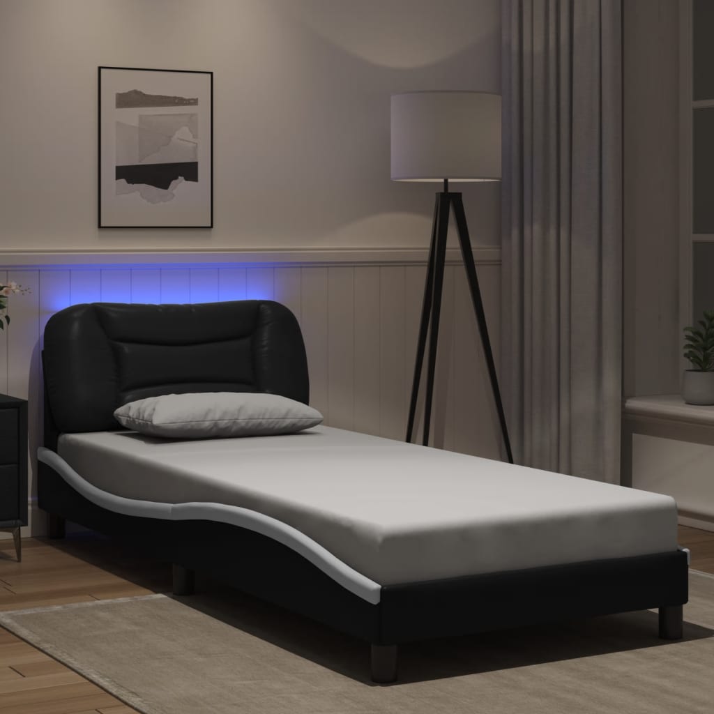 vidaXL Sängram med LED-belysning svart och vit 80x200 cm konstläder
