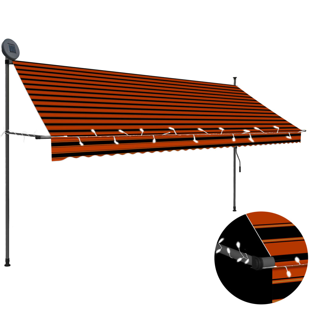 vidaXL Markis manuellt infällbar med LED 350 cm orange och brun