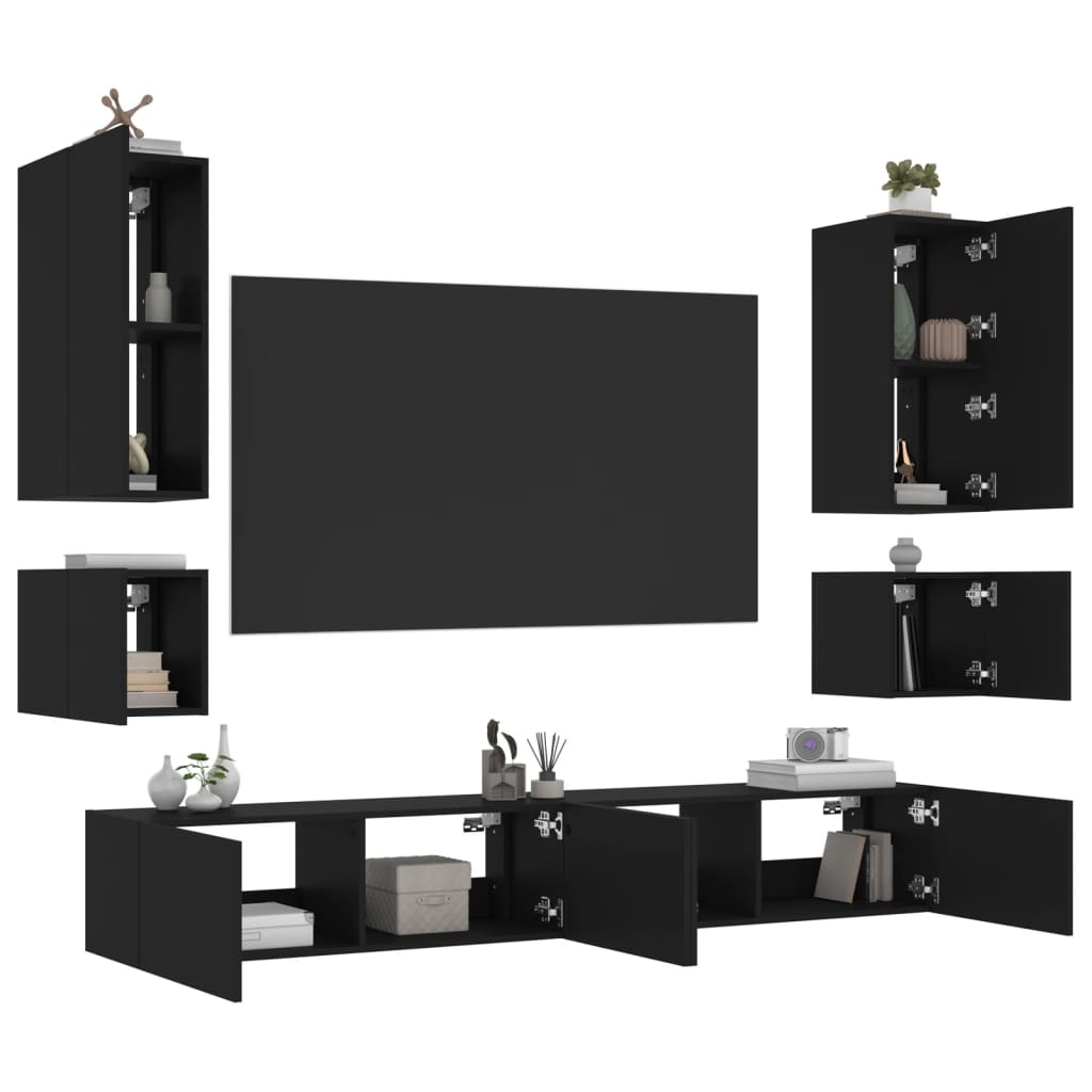vidaXL Väggmonterade tv-skåp 6 delar med LEDs svart