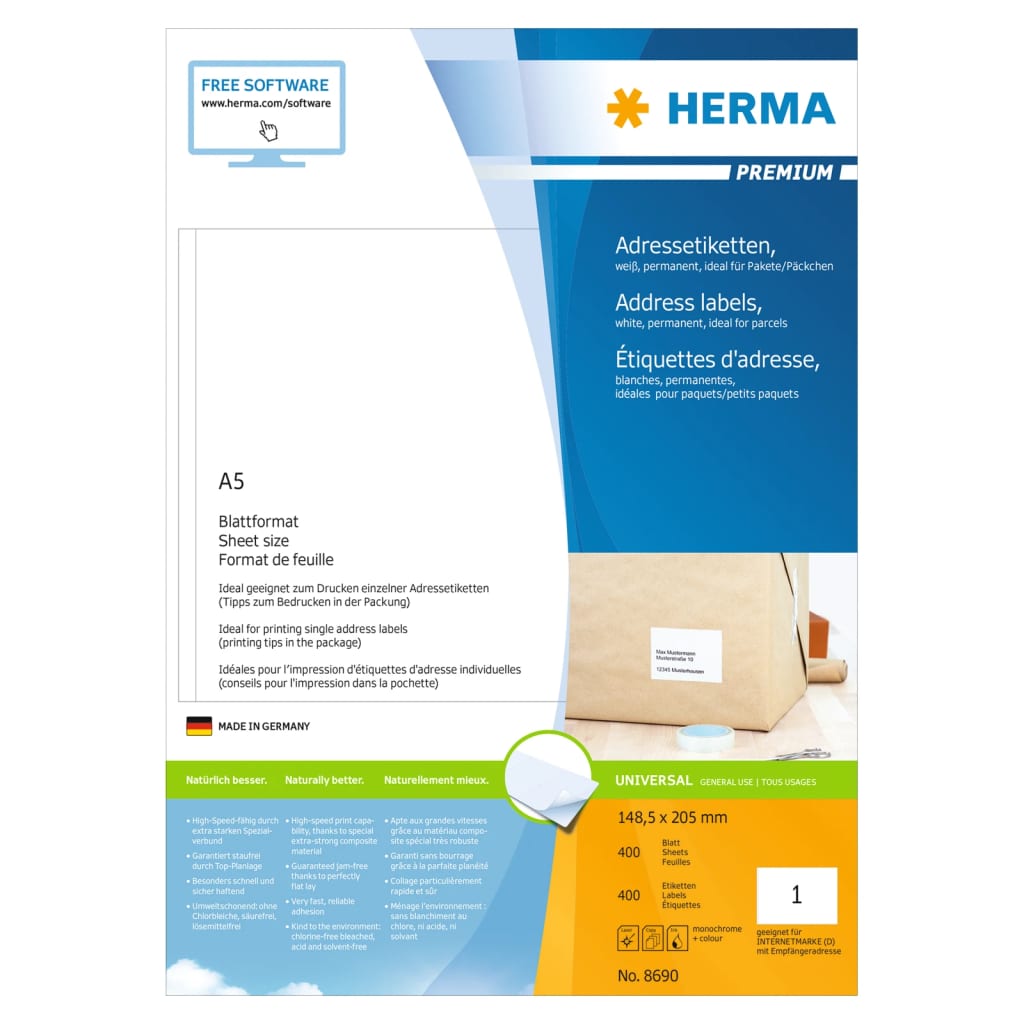 HERMA Permanenta etiketter PREMIUM A5 148,5x205 mm 400 ark