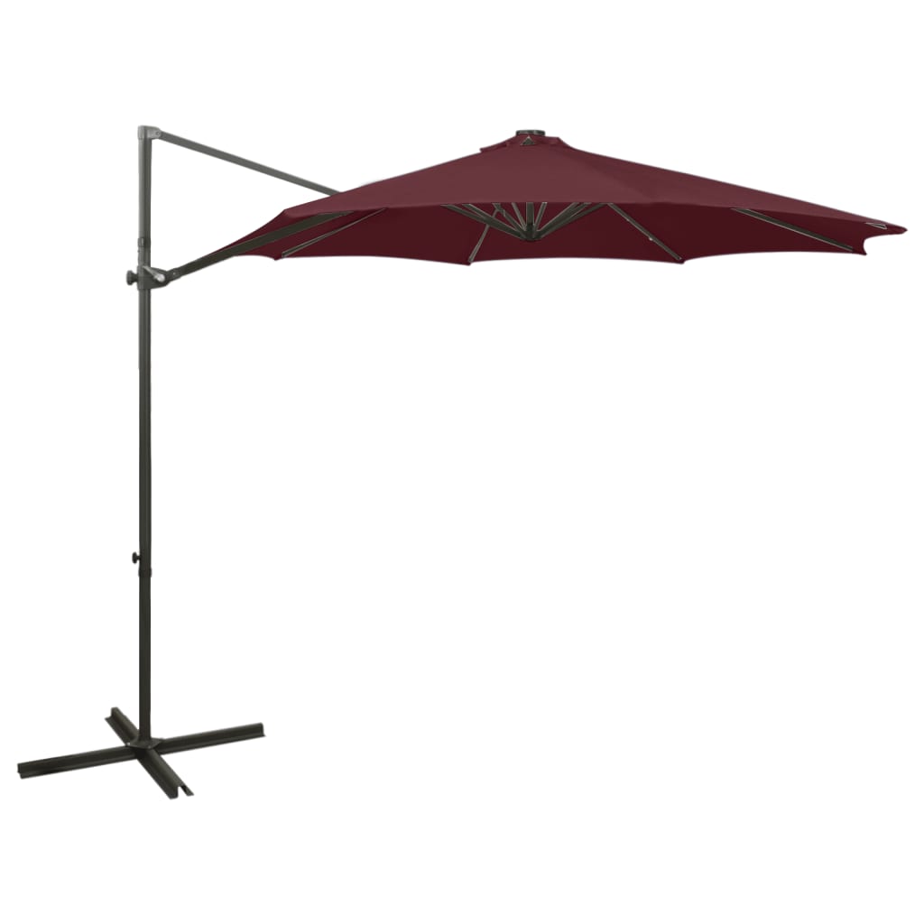 vidaXL Frihängande parasoll med stång och LED vinröd 300 cm