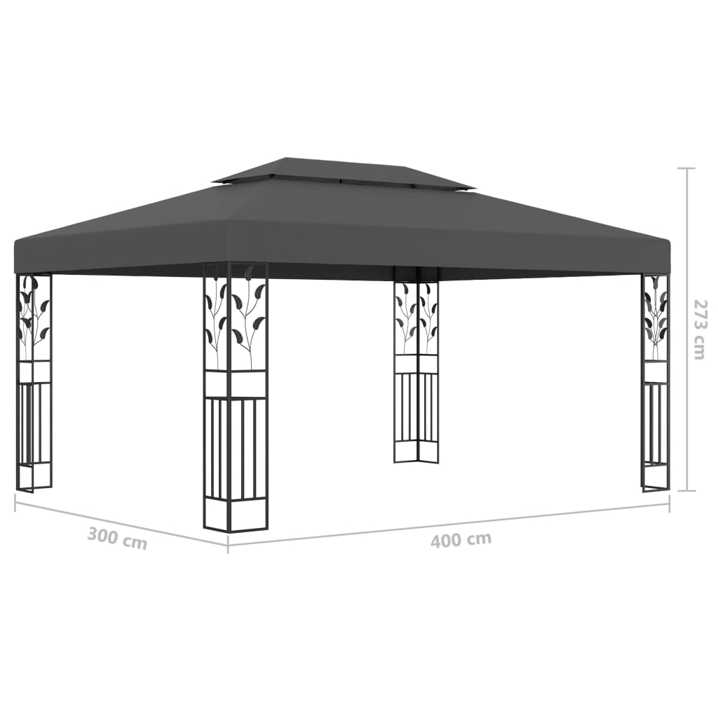 vidaXL Paviljong med dubbeltak och ljusslinga LED 3x4 m antracit