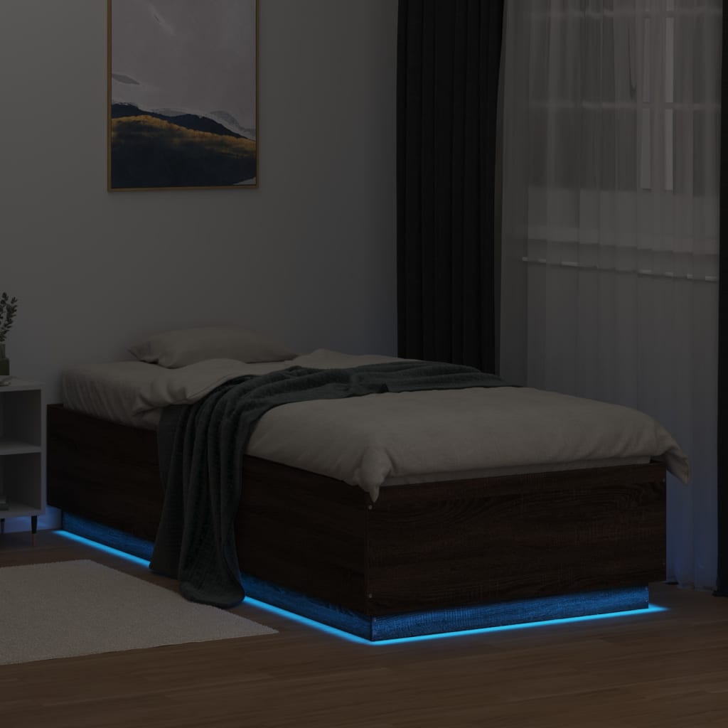 vidaXL Sängram med LEDs brun ek 100x200 cm konstruerad trä