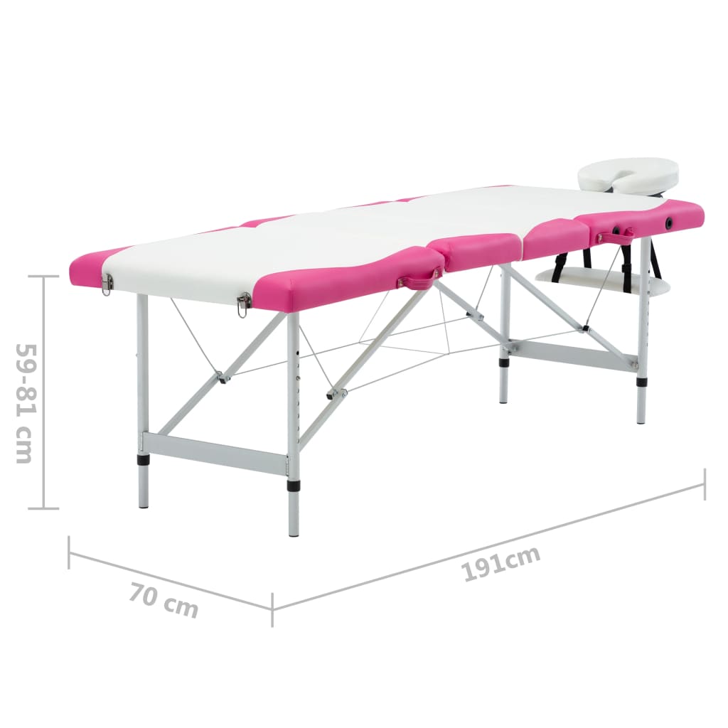 vidaXL Hopfällbar massagebänk 4 sektioner aluminium vit och rosa