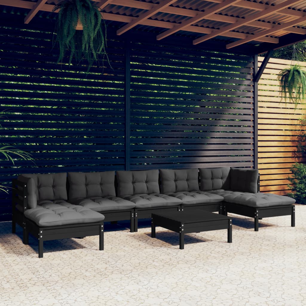 vidaXL Loungegrupp för trädgården med dynor 8 delar svart massiv furu