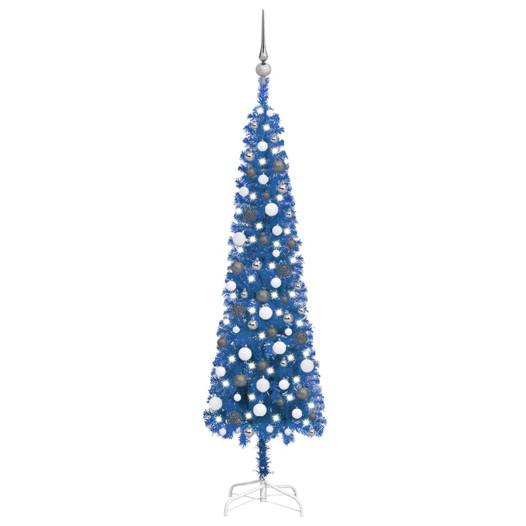 vidaXL Plastgran smal med LED och julgranskulor blå 180 cm