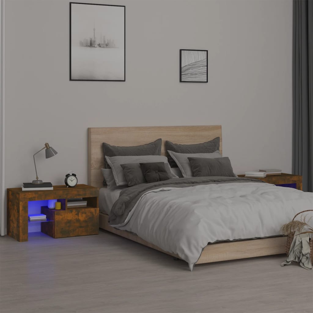 vidaXL Sängbord 2 st med LED-belysning rökfärgad ek 70x36,5x 40 cm