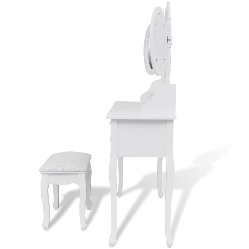vidaXL Sminkbord med pall och 3 speglar vit