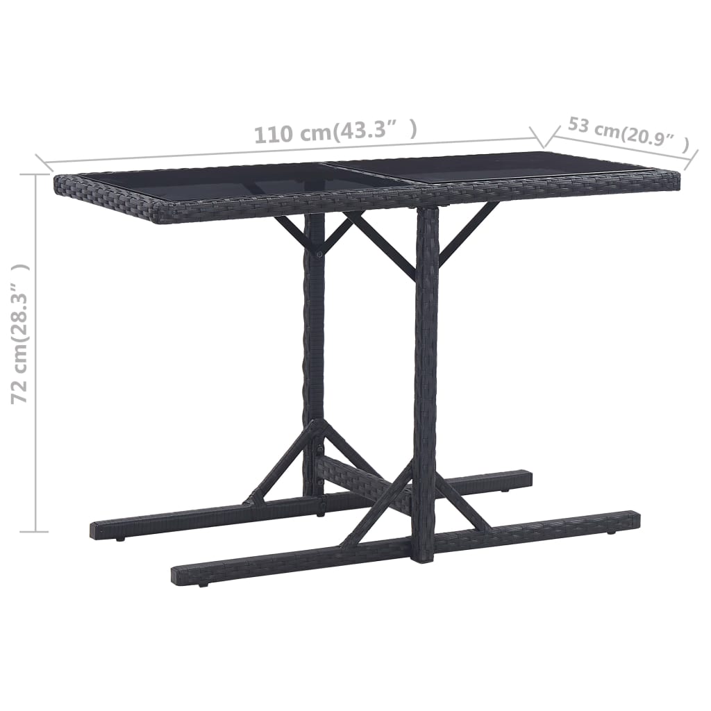vidaXL Trädgårdsbord svart 110x53x72 cm glas och konstrotting