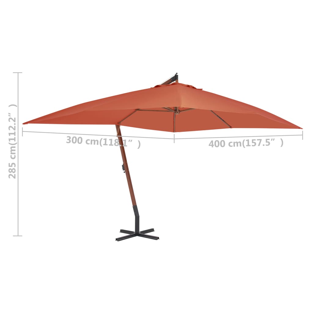 vidaXL Frihängande parasoll med trästång 400x300 cm terrakotta