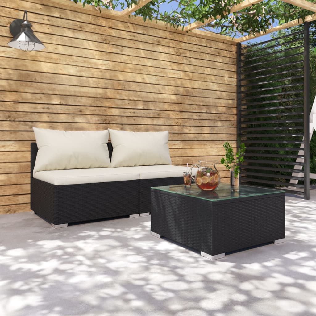 vidaXL Loungegrupp för trädgården med dynor 3 delar konstrotting svart
