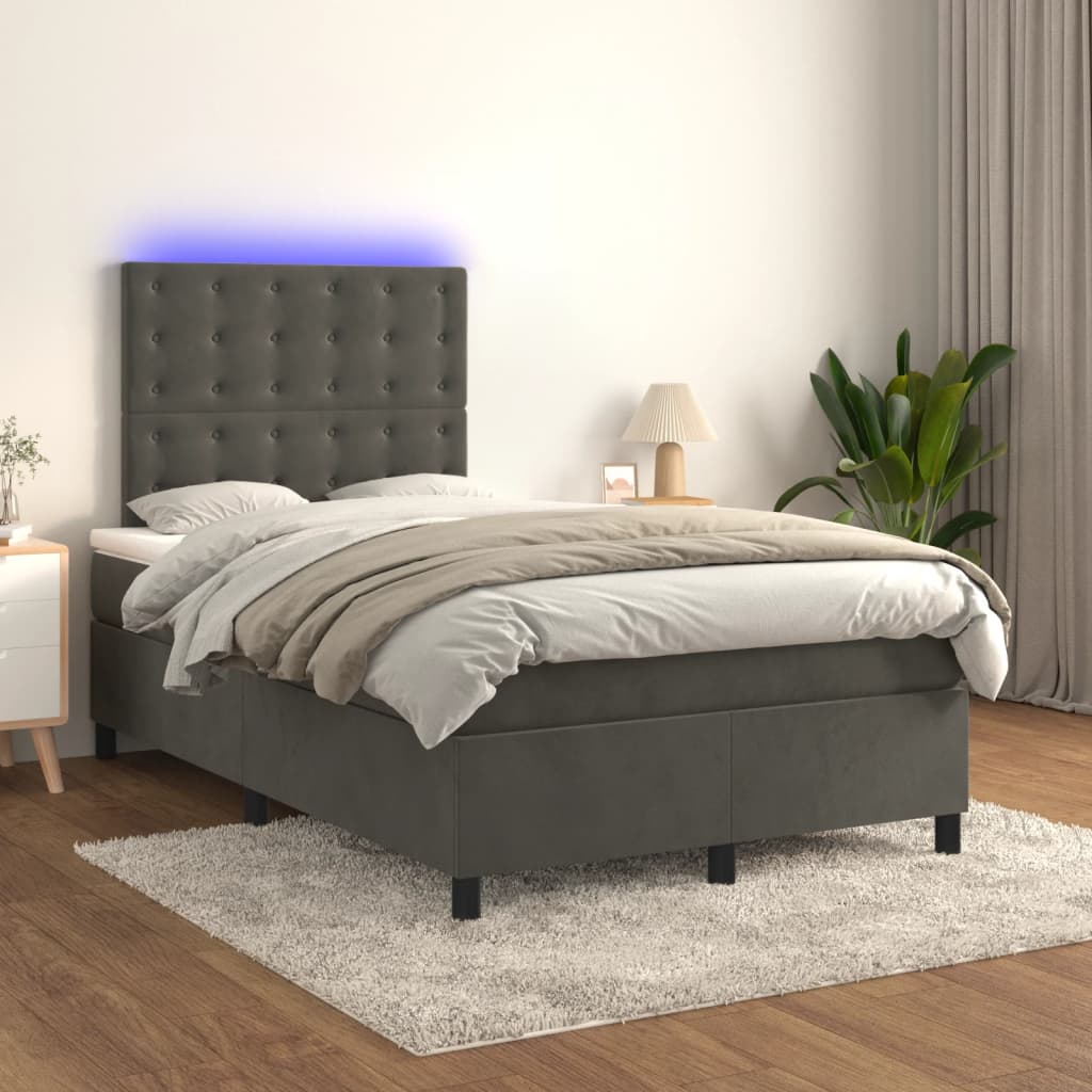 vidaXL Ramsäng med madrass & LED mörkgrå 120x200 cm sammet