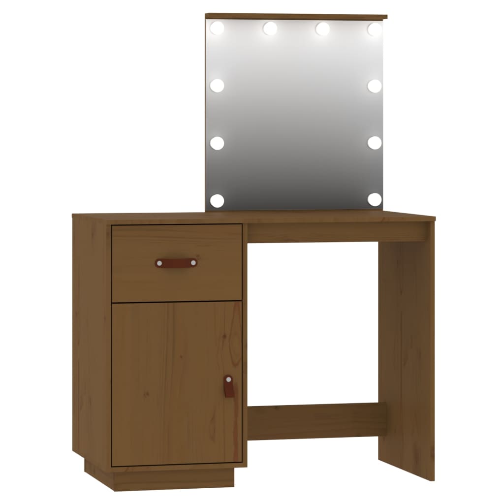 vidaXL Sminkbord med spegel LED honungsbrun massiv furu