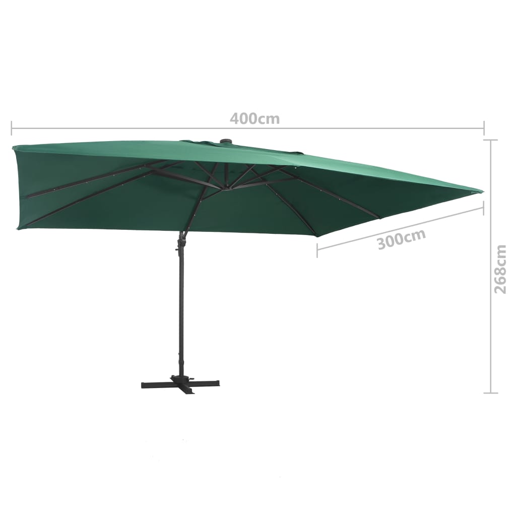 vidaXL Frihängande parasoll med aluminiumstång & LED 400x300 cm grön