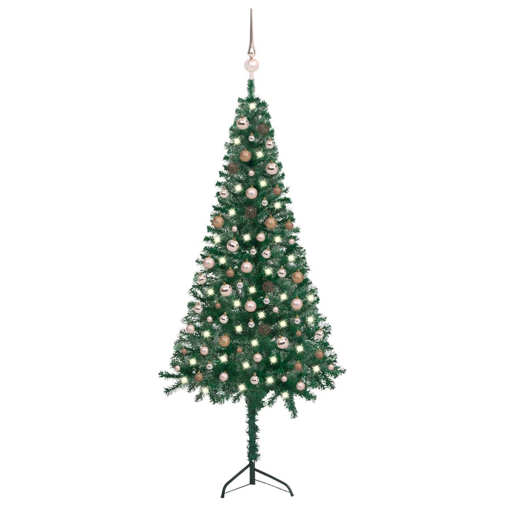 vidaXL Plastgran för hörn med LED och julgranskulor grön 210 cm PVC