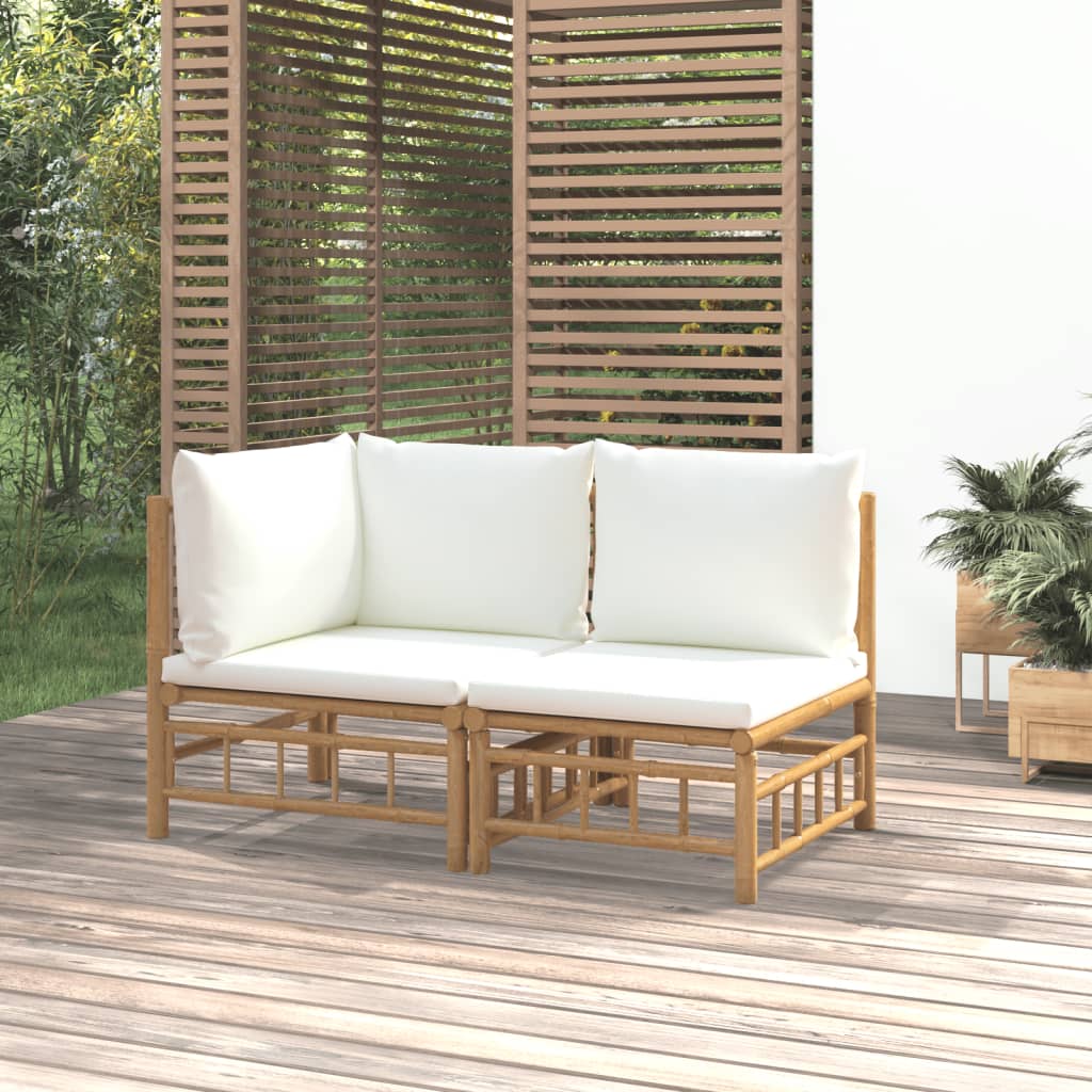 vidaXL Loungegrupp för trädgården med gräddvita dynor 2 delar bambu
