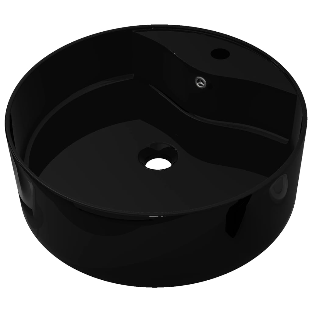 Handfat svart i keramik med kranhål och översvämningshål rund