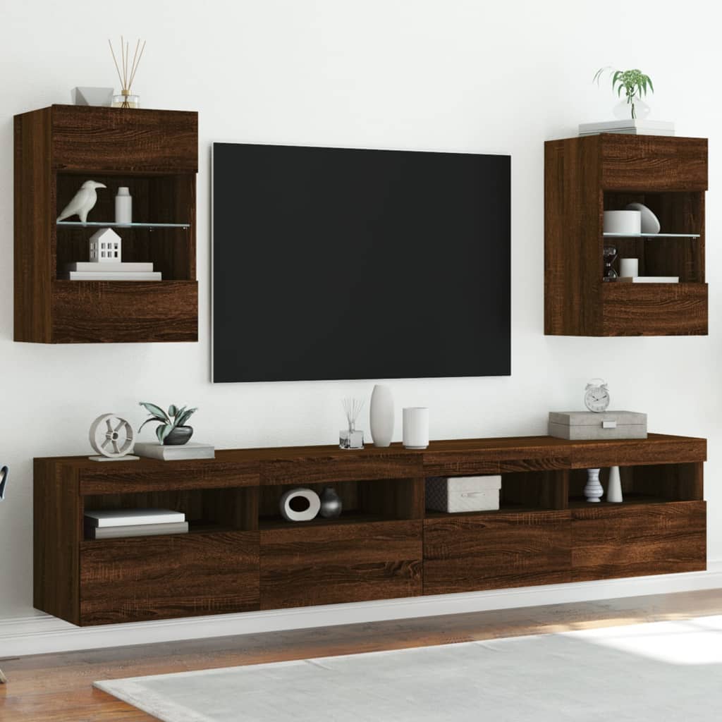 vidaXL Väggmonterad tv-bänk LED 2 st brun ek 40x30x60,5 cm