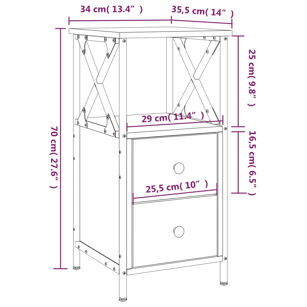 vidaXL Sängbord rökfärgad ek 34x35,5x70 cm konstruerat trä