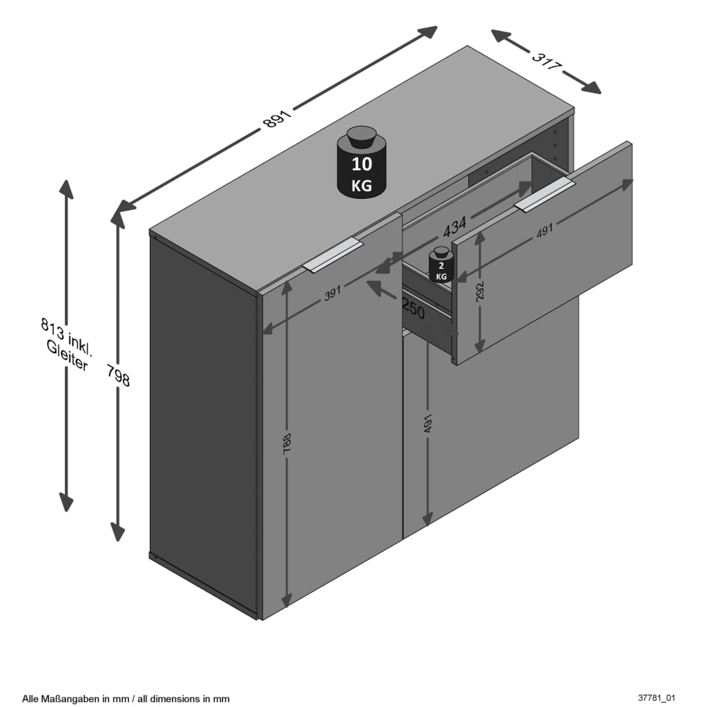 FMD Byrå med låda och dörrar 89,1x31,7x81,3 cm svart