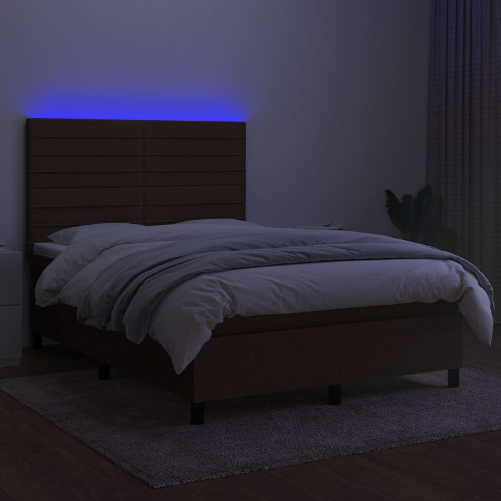 vidaXL Ramsäng med madrass & LED mörkbrun 140x190 cm tyg