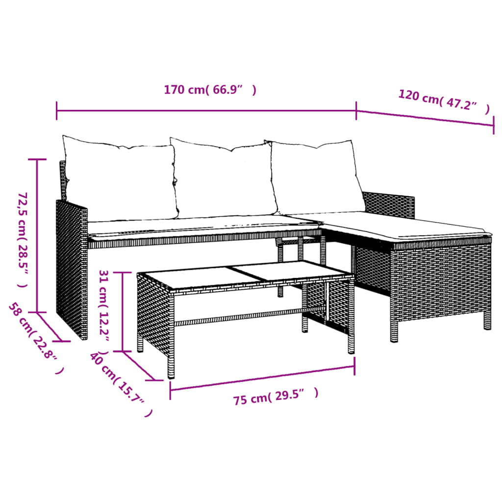 vidaXL Trädgårdssoffa med bord och dynor L-formad ljusgrå konstrotting