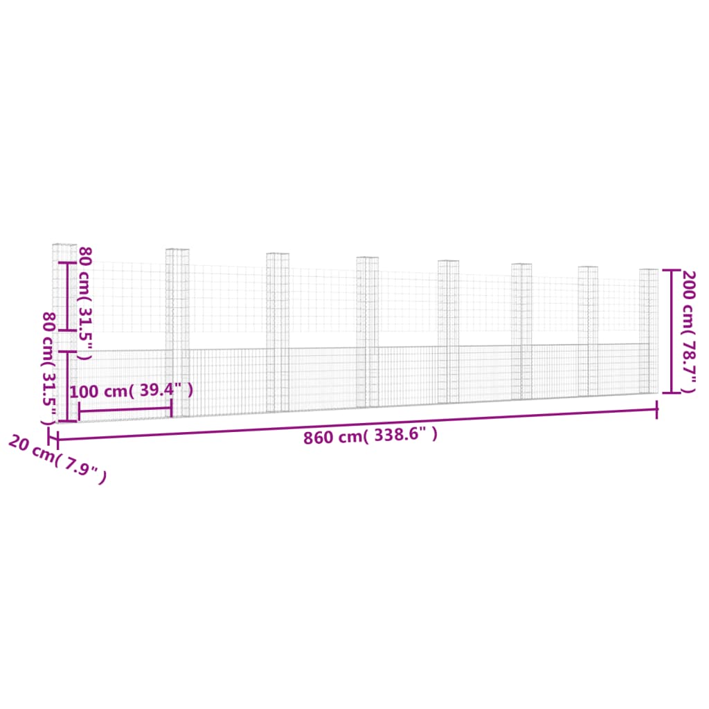 vidaXL U-formad gabionkorg med 8 stolpar järn 860x20x200 cm