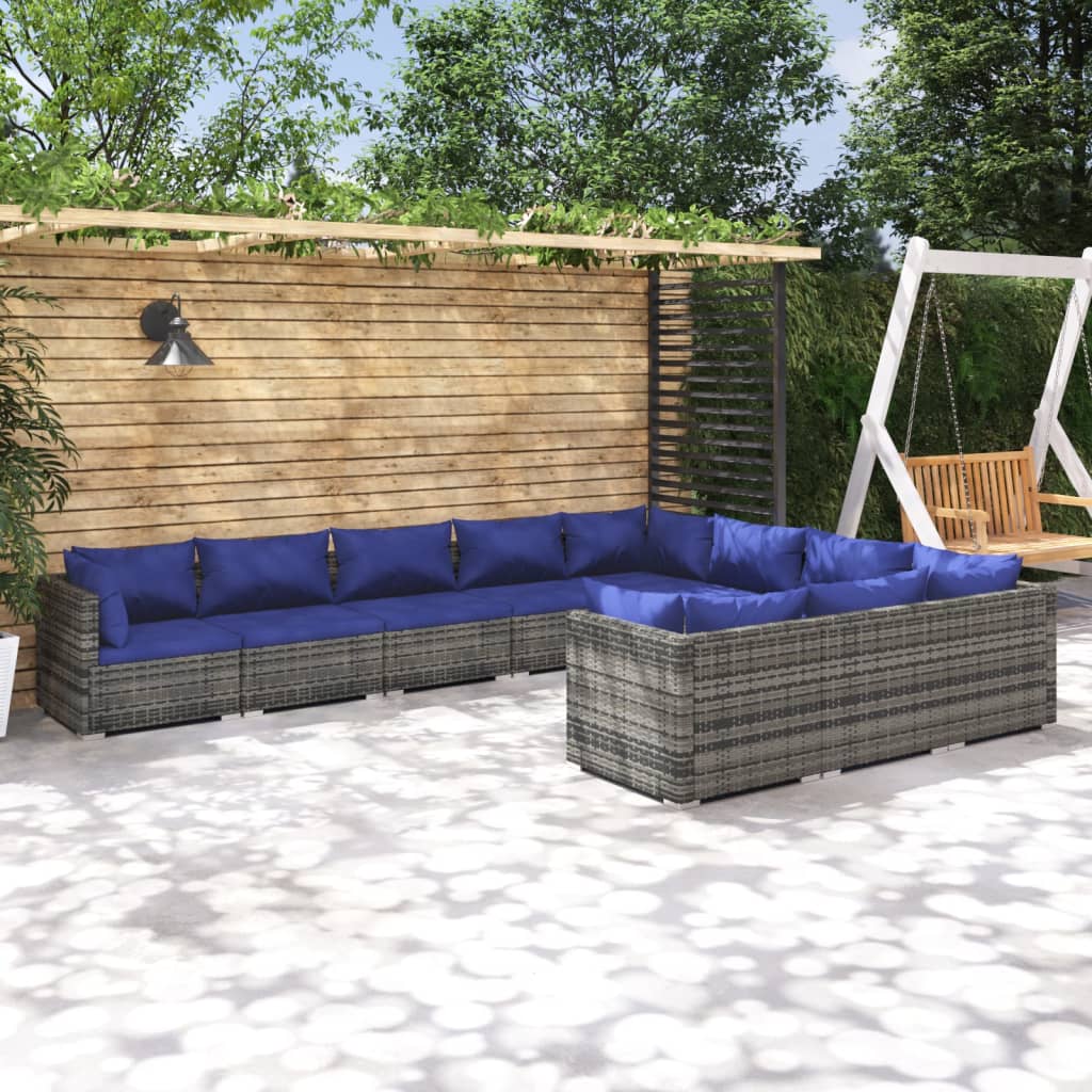 vidaXL Loungegrupp för trädgården med dynor 10delar konstrotting grå
