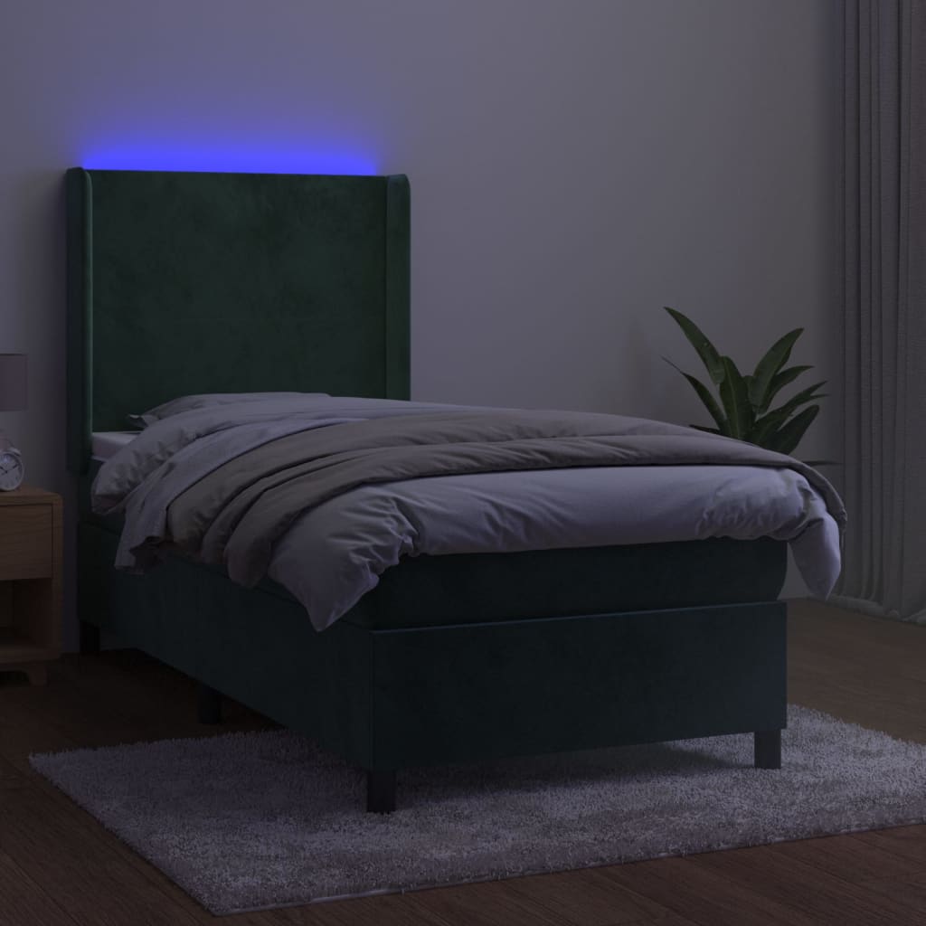 vidaXL Ramsäng med madrass & LED mörkgrön 90x190 cm sammet