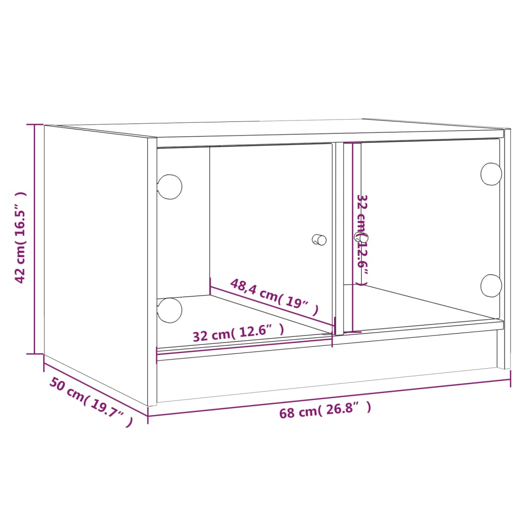 vidaXL Soffbord med glasdörrar grå sonoma 68x50x42 cm