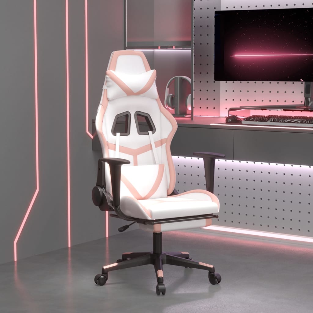 vidaXL Gamingstol med fotstöd vit och rosa konstläder