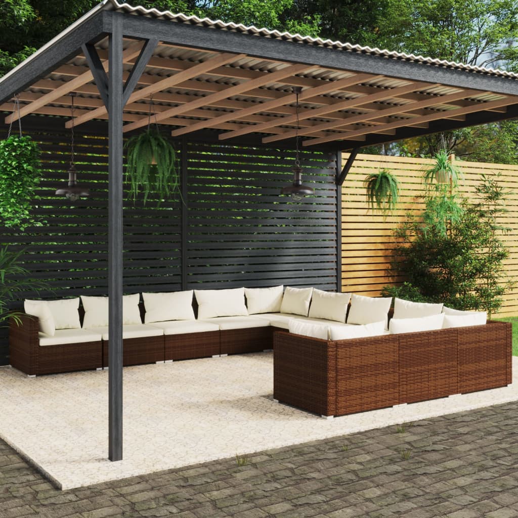 vidaXL Loungegrupp för trädgården m. dynor 11 delar konstrotting brun