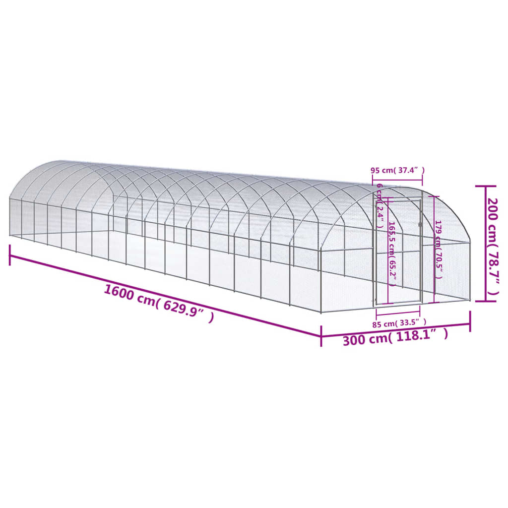 vidaXL Hönsbur för utomhusbruk 3x16x2 m galvaniserat stål