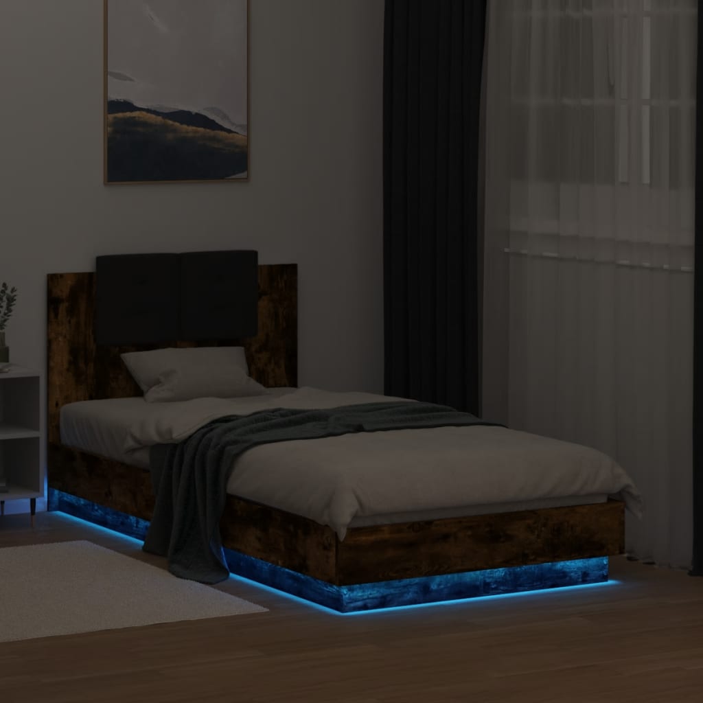 vidaXL Sängram med huvudgavel och LEDs rökfärgad ek 75x190 cm