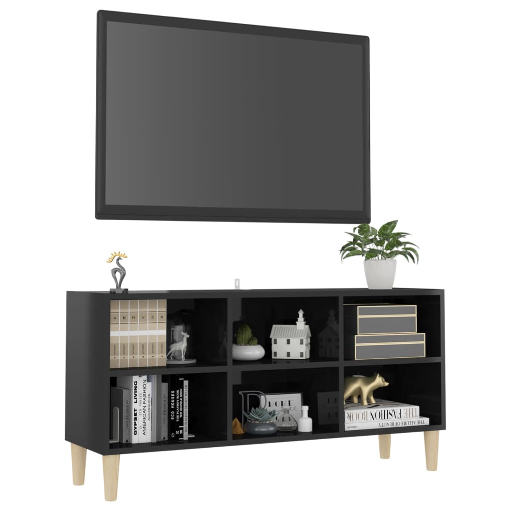 vidaXL TV-bänk med massiva ben svart högglans 103,5x30x50 cm