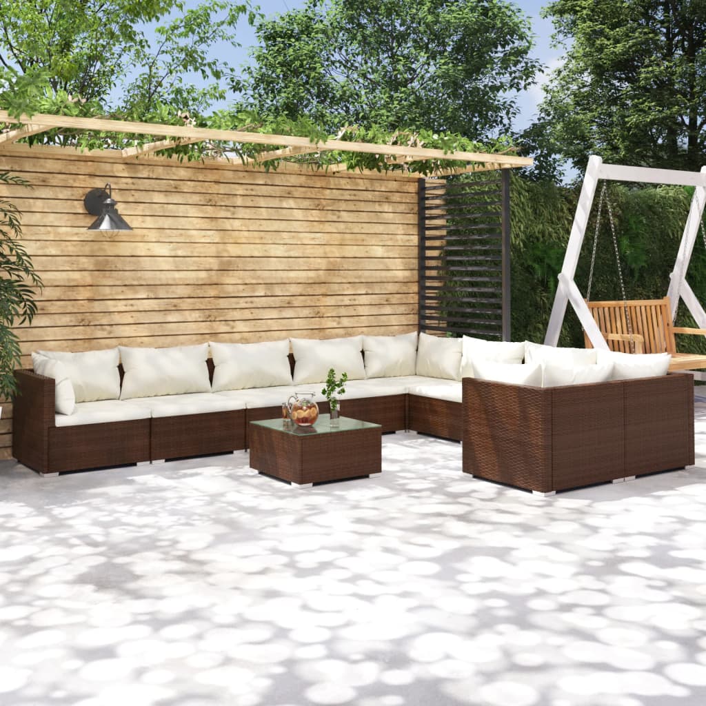 vidaXL Loungegrupp för trädgården med dynor 10 delar konstrotting brun