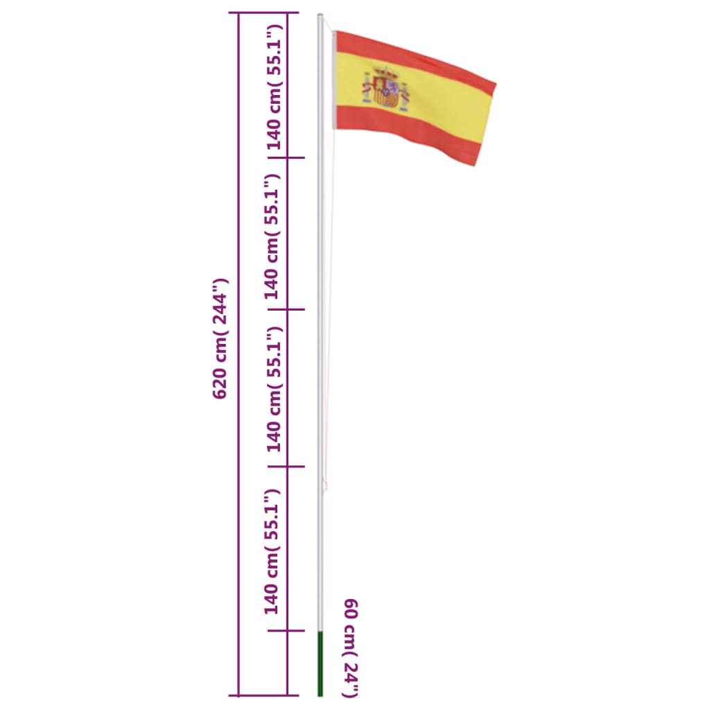 vidaXL Spaniens flagga och flaggstång i aluminium 6,2 m