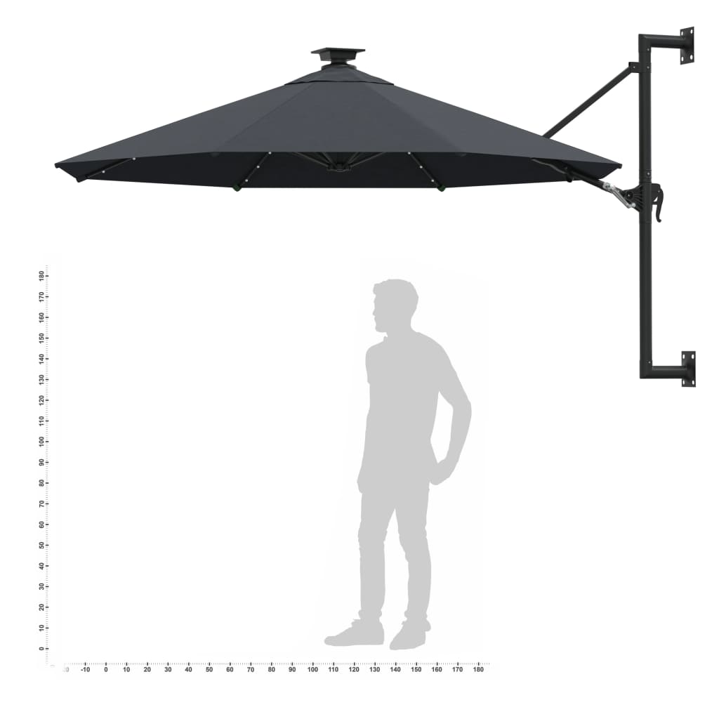 vidaXL Väggmonterat parasoll med LED och metallstång 300 cm antracit