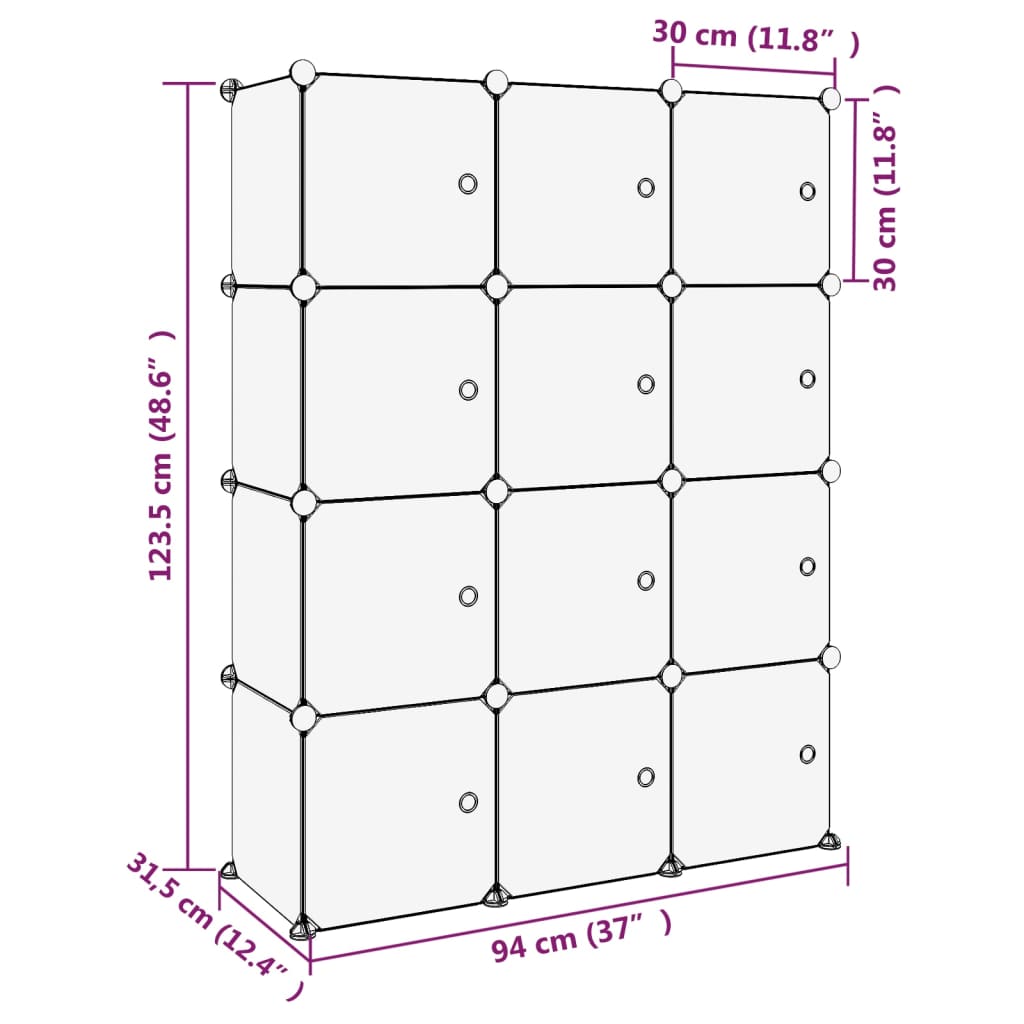 vidaXL Förvaringskuber stapelbara 12 kuber med dörrar genomskinlig PP
