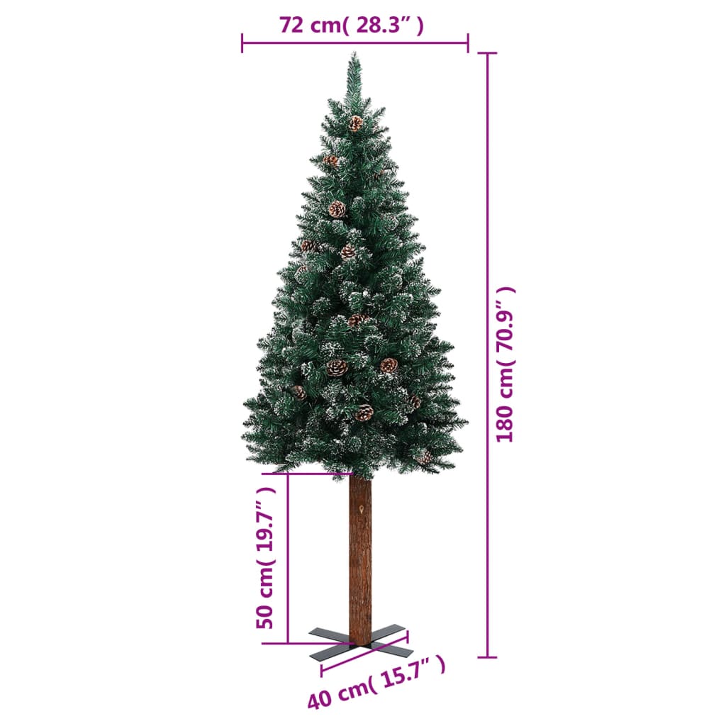 vidaXL Smal plastgran med äkta trä och kottar vit snö grön 180 cm