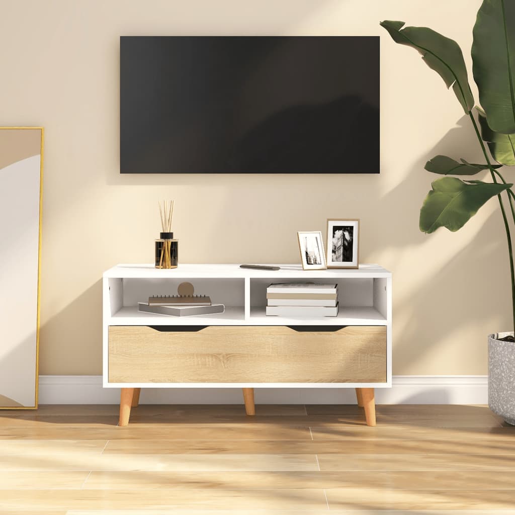 vidaXL Tv-bänk vit och sonoma-ek 90x40x48,5 cm konstruerat trä