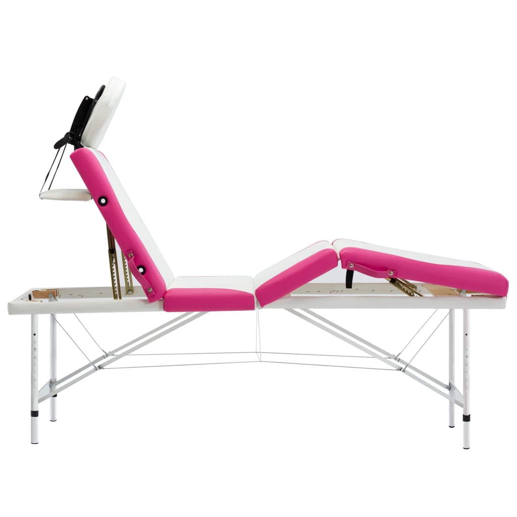 vidaXL Hopfällbar massagebänk 4 sektioner aluminium vit och rosa