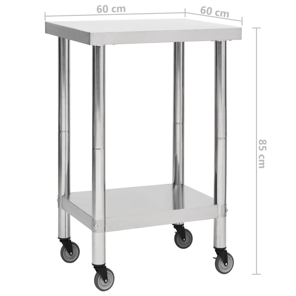 vidaXL Arbetsbord med hjul 60x60x85 cm rostfritt stål
