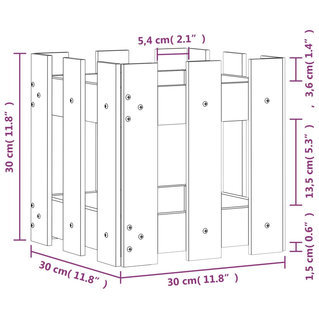 vidaXL Odlingslåda med staket-design 30x30x30 cm massiv furu