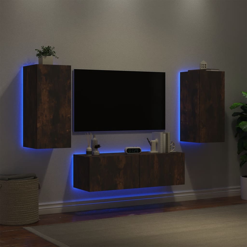 vidaXL Väggmonterade tv-skåp 3 delar med LEDs rökfärgad ek