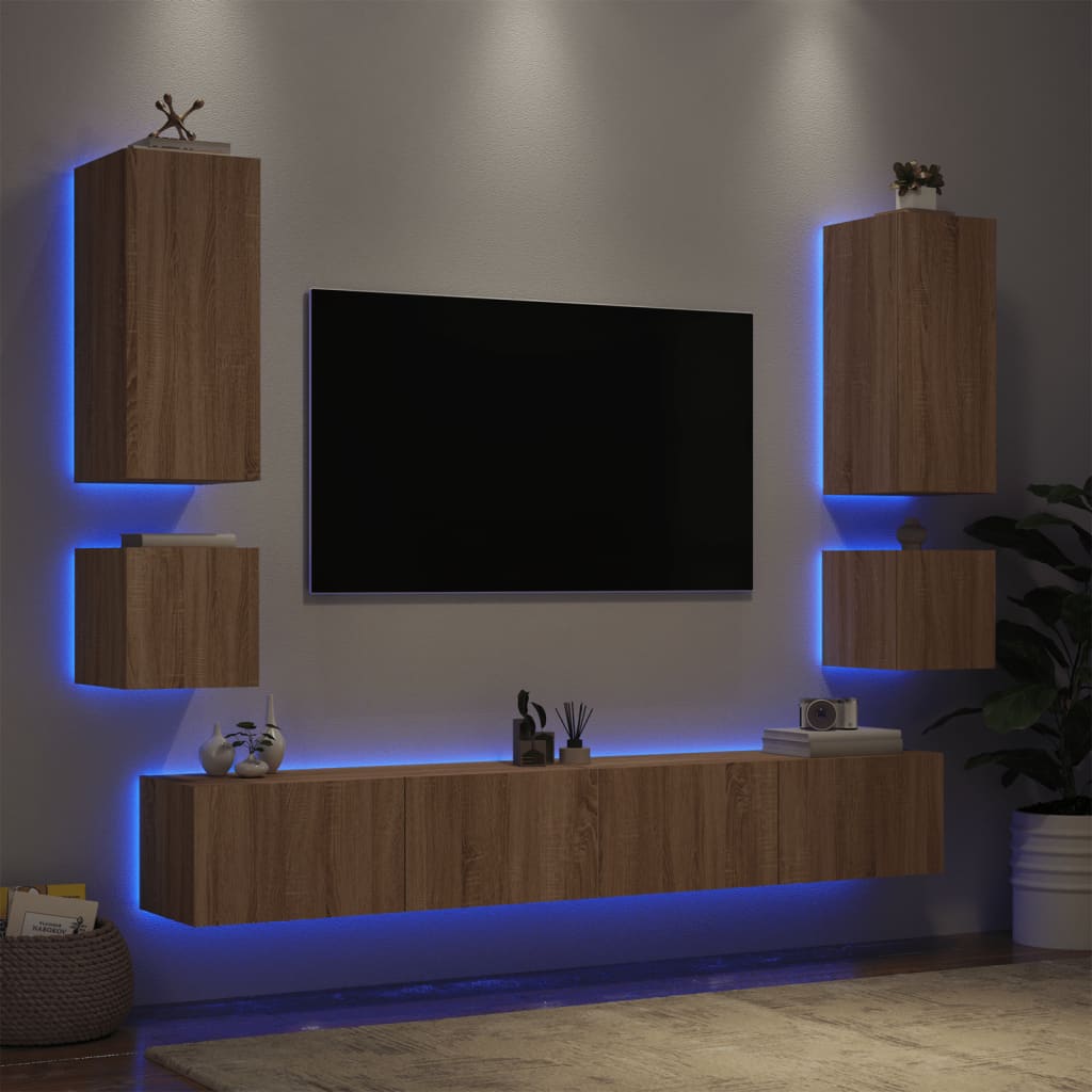 vidaXL Väggmonterade TV-skåp 6 delar LEDs sonoma-ek