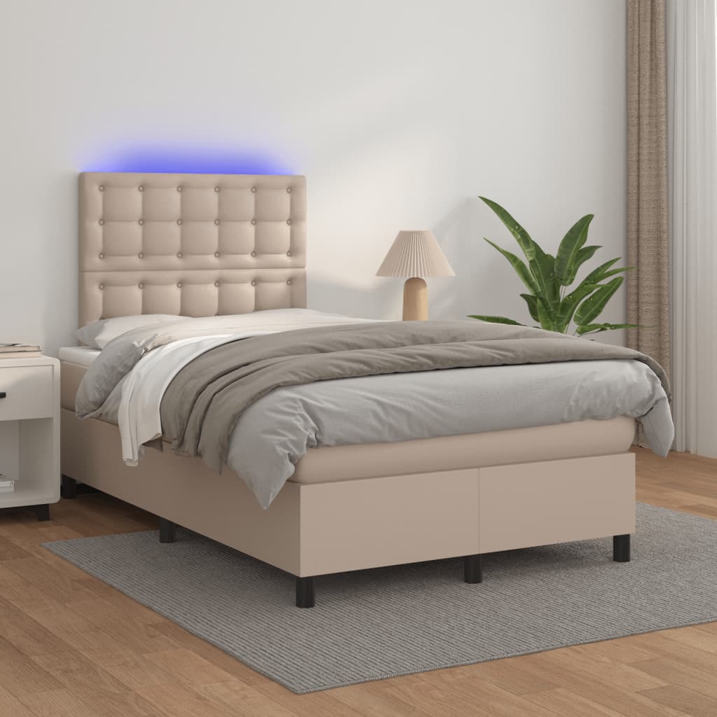 vidaXL Ramsäng med madrass & LED cappuccino 120x190 cm konstläder